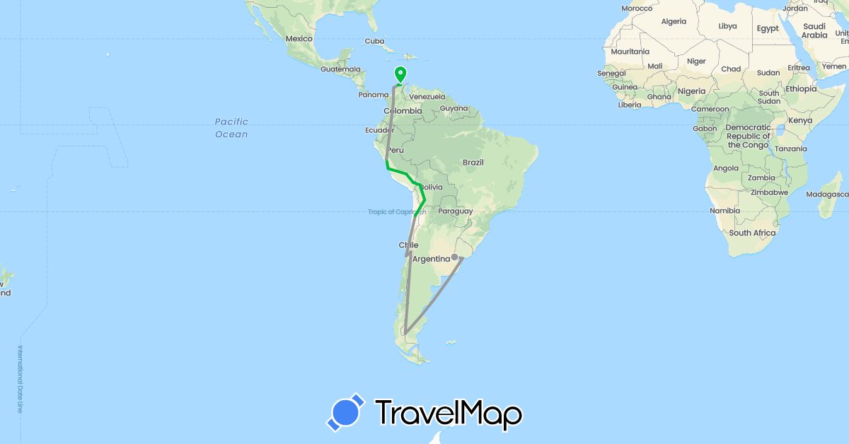 TravelMap itinerary: driving, bus, plane in Argentina, Bolivia, Chile, Colombia, Peru, Uruguay (South America)